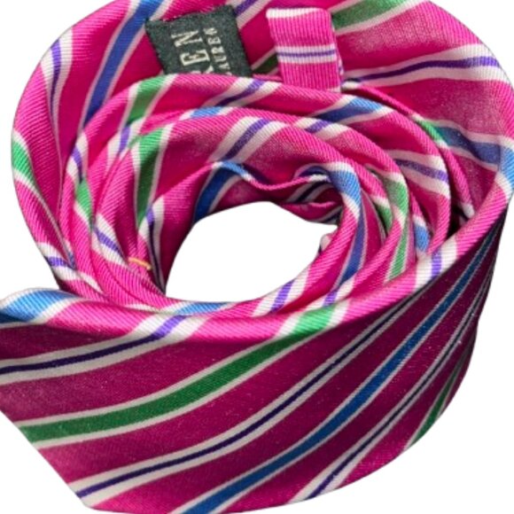 Lauren Ralph Lauren Pink Blue Green Stripe Preppy Academia Heritage 100% SilkTie - Picture 3 of 10